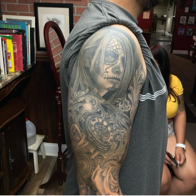Healed Day of The Dead tattoo sleeve done by Mike Harmon. Tattoo artist in the greater Philadelphia area (Malvern, PA)