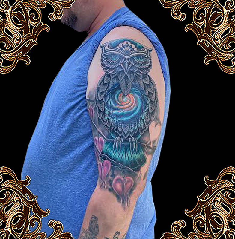 Neo traditional owl and galaxy tattoo