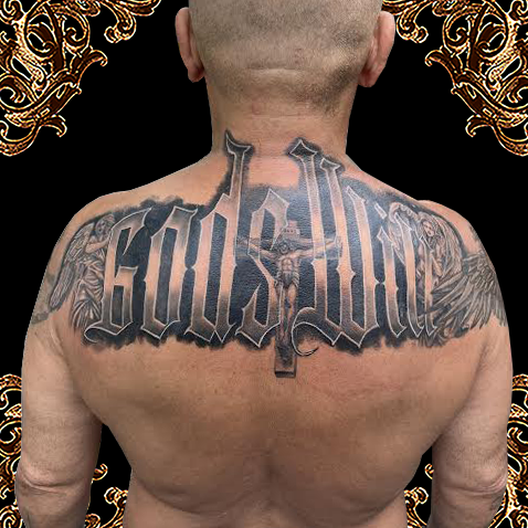 “God’s Will” back lettering tattoo with religious figures.