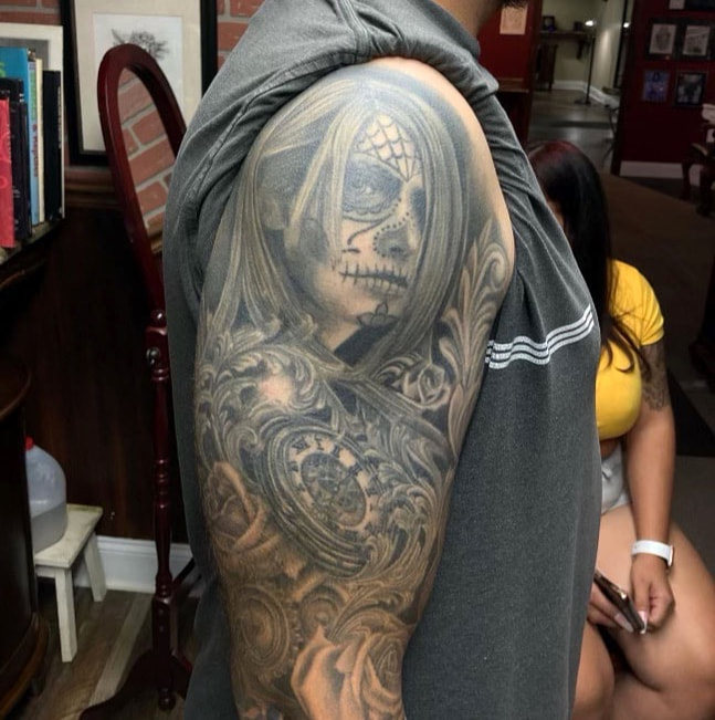 Healed Day of The Dead tattoo sleeve done by Mike Harmon. Tattoo artist in the greater Philadelphia area (Malvern, PA)